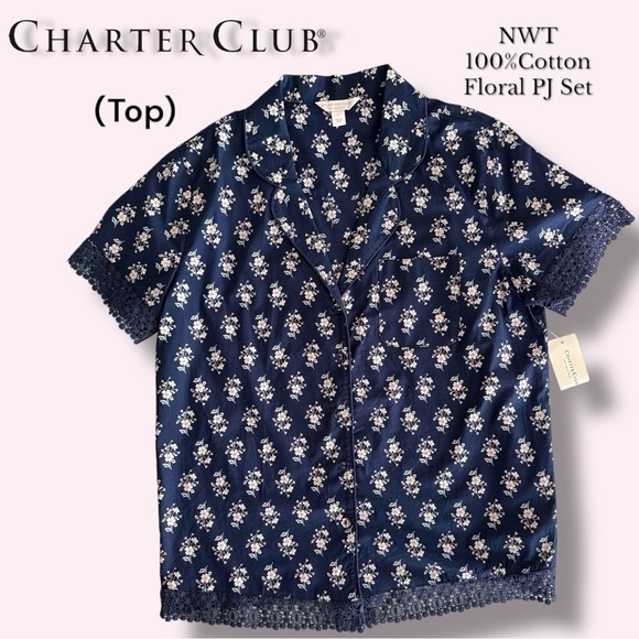 NWT Charter Club Navy Floral 100%Cotton PJ Set Top & Shorts - Picture 2 of 10